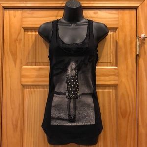 TALLY WEiJL Black & Lace Sleeveless Screen-Print Stud Embellishment Tank Top.